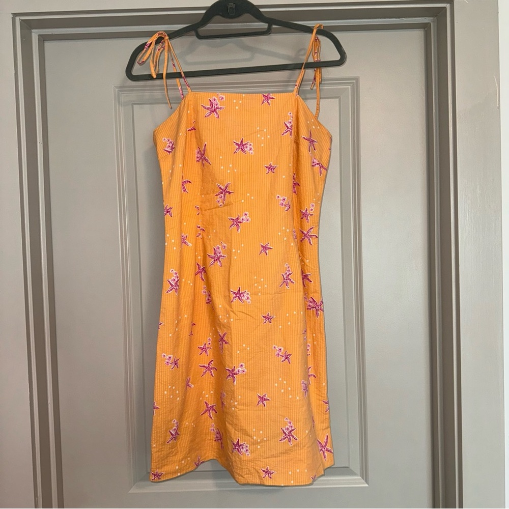 Vtg Lilly Pulitzer Orange Seersucker Pink Starfish Dress Tie Shoulder Straps 10